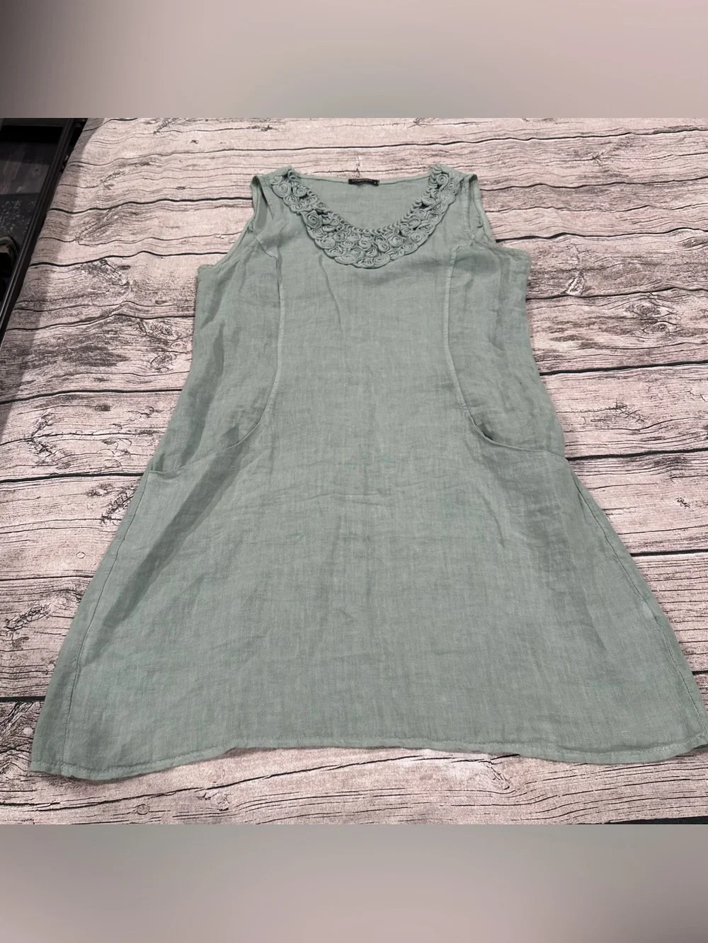 Lungo L’Arno Sleeveless Linen Blend Mini Dress Textured Neckline in Sage Green L - Picture 1 of 9